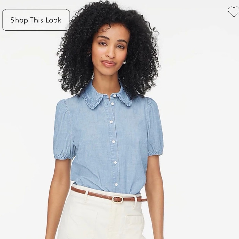 J Crew Chambray puff sleeve ruffle collar button down top size small NWT